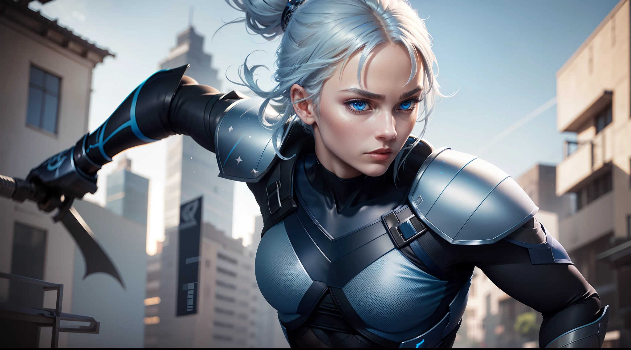 haut du corps concentré, 1fille, tenue de ninja bleue, Yeux bleus pétillants, cheveux argentés, fond de bâtiment haut, détail complexe, Résolution 8k, chef-d&#39;œuvre, Résolution 8k photorealistic chef-d&#39;œuvre, photographie professionnelle, éclairage naturel, Texture détaillée,