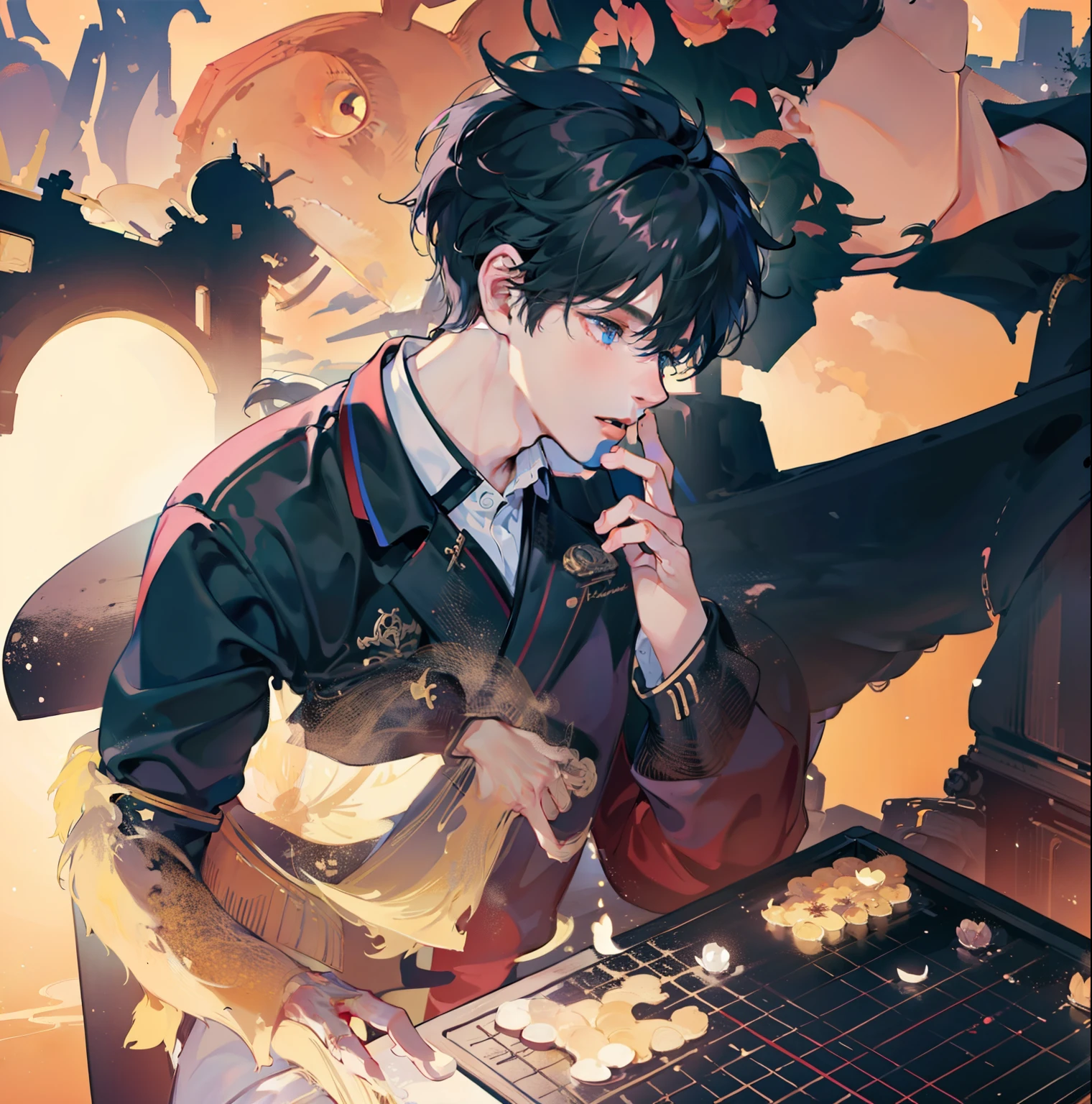 poster of male student boy right  right profile  centered  key visual  intricate  highly detailed  breathtaking  precise lineart  vibrant  panoramic  cinematic anime style