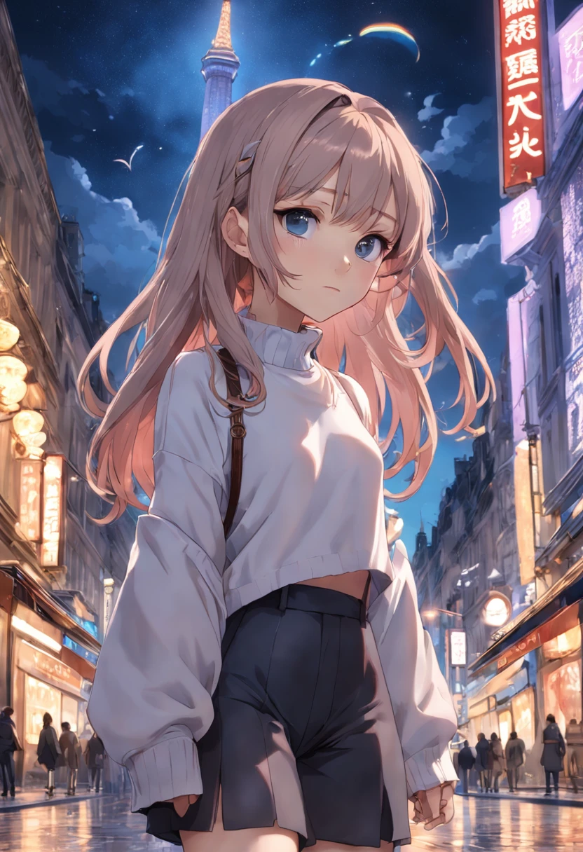 A woman in a white shirt and black shorts standing in a city - SeaArt AI