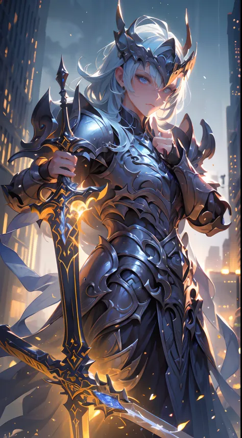 "An awesome paladin wields a sword full of light, Exudes powerful light magic. The setting is set in a dark and mysterious cityscape, Illuminated by the light of the Paladin's Sword. The composition is professionally crafted, Amazing attention to detail an...