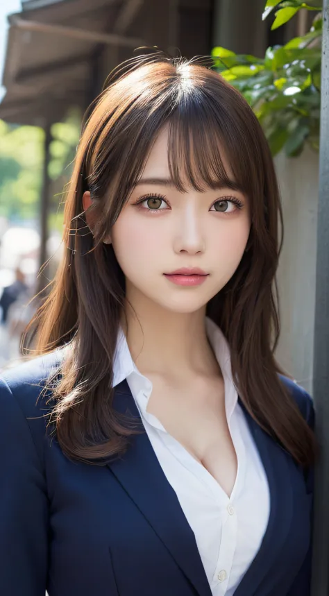 masutepiece, Best Quality, Illustration, Ultra-detailed, finely detail, hight resolution, 8K Wallpaper, Perfect dynamic composition, Beautiful detailed eyes,  Natural Lip,blazer ,school uniform, cleavage, Full body