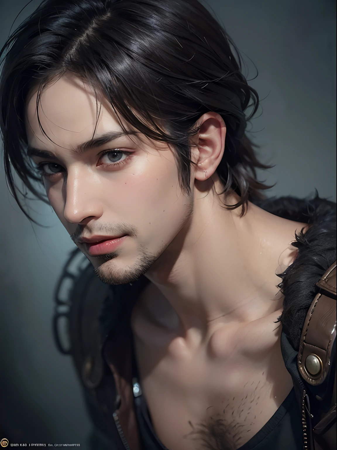 (Nahaufnahme)1 Mann, smirking and grin and gutaussehend young man, nur konzentrieren, männlich, Gesicht eines jungen Erwachsenen, schwarze kurze Haare, schwarzes Shirt, dunkle Atmosphäre, Realistisch, dynamic pose Realistisch, detaillierte und korrekte Gesichtsstruktur, LEON S. KENNEDY, gutaussehend, attraktiv, leicht muskulös, Filmische Beleuchtung, unwirkliche Engine, Trends auf Artstation, komplizierte Details,  Meisterwerk, beste Qualität, von Irakli Nadar, Greg Rutkowski，(((beste Qualität))),(((Extrem detailliert))),(((Meisterwerk)))