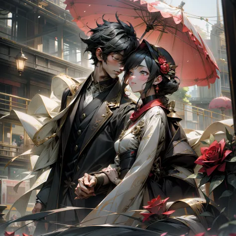 Romantic Tanabata，Bustling metropolis，Stylish couple strolling hand in hand，Red rose，Boys and girls clasp their fingers，Natural light，plethora of colors，Rich in elements，Facial features are super detailed，Couple upper body photo，Ultra-high sharpness、k hd、8...