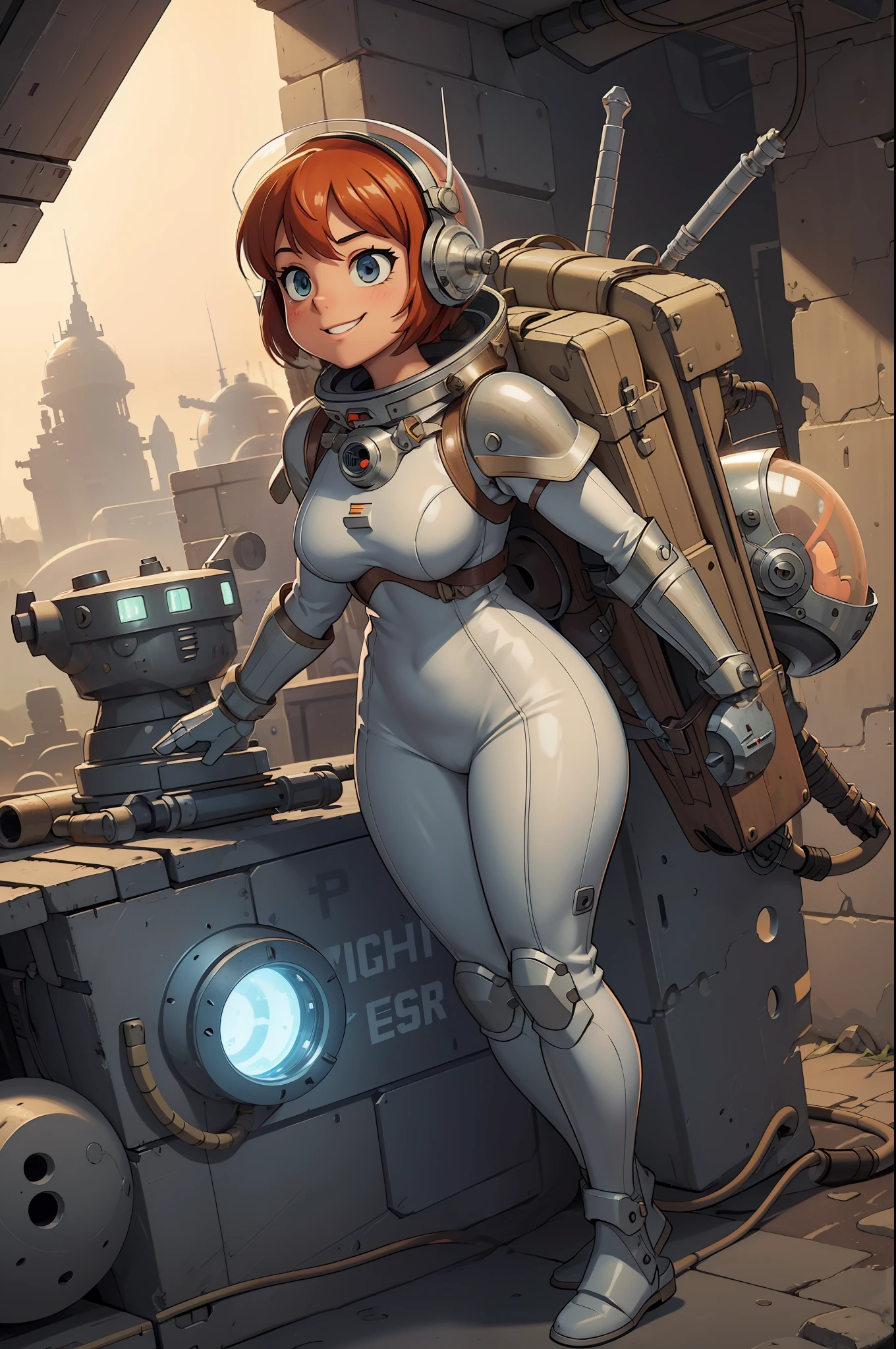 professional artwork, detailed eyes, beautiful eyes, thick thighs, breasts, beautiful face, flawless face, gorgeous face, smooth features, blush, short hair, beautifully detailed background, adventurous astronaut knight in bulky armored space suit, space suit looks like knight armor, space suit, thick heavy space suit, environment suit, hoses and tubes on suit, dials and switches, space suit backpack, nasa, nasa punk, nasapunk, astronaut, astronaut suit, cosmonaut, medieval knight, knight armor, leather armor and metal armor, mechanical background, sci fi, science fiction, futuristic, fantasy armor, full plate armor, medieval armor, knight helmet, knight visor, grilled faceplate, large helmet, big helmet, heavy collar, vacuum seal ring around neck, life support systems, rustic material, heavy stitching, thick leathers, armored breastplate, armored chest, leather gloves, rustic craftsmanship, adventurous, adventure, cute, smiling, shoulder pads, armor, white and orange outfit, heraldry, helmet on head, cassette futurism, gloved hands, bulky space suit, bulky suit, tubes and hoses, valves, mechanical, sword and shield, neon light, neon glow, neon, cuirass, pauldrons, chest armor, heavy metal chest armor, beam sword, plasma sword, light saber, knight, dome helmet