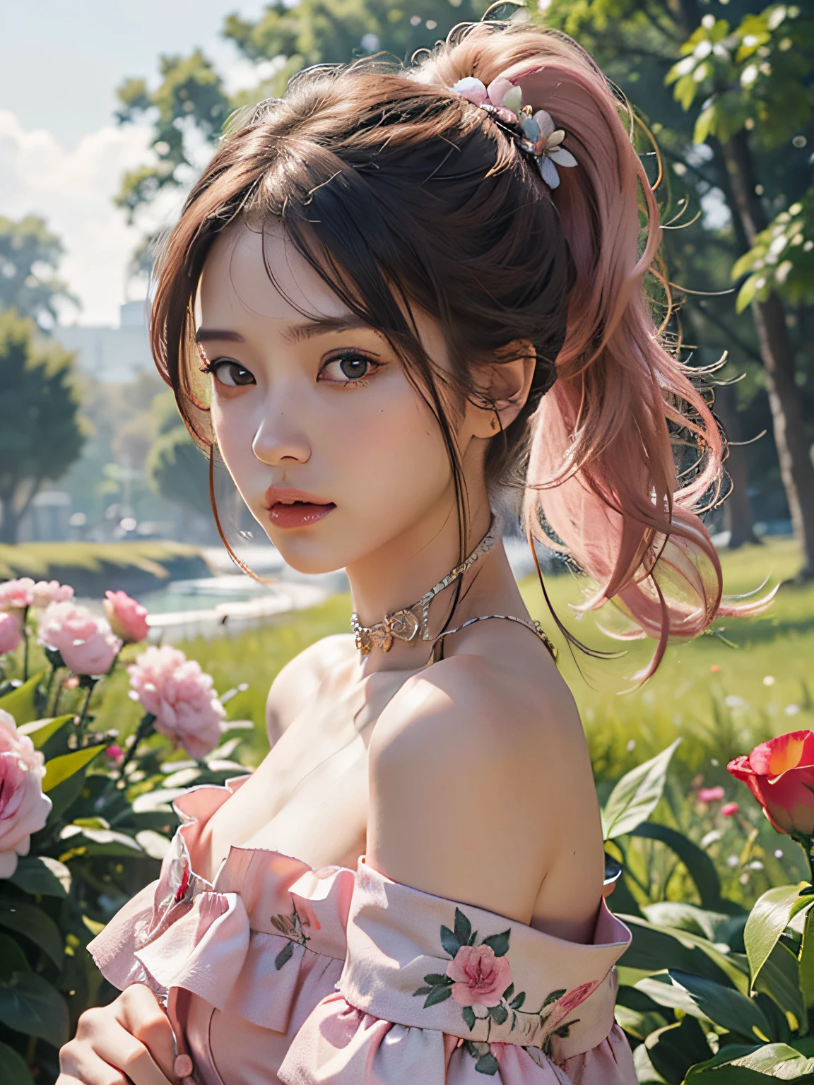 best quality, masterpiece, ultra details, high res, photo realistic, 1 girl with pink pony tail, off shoulder, flowers background