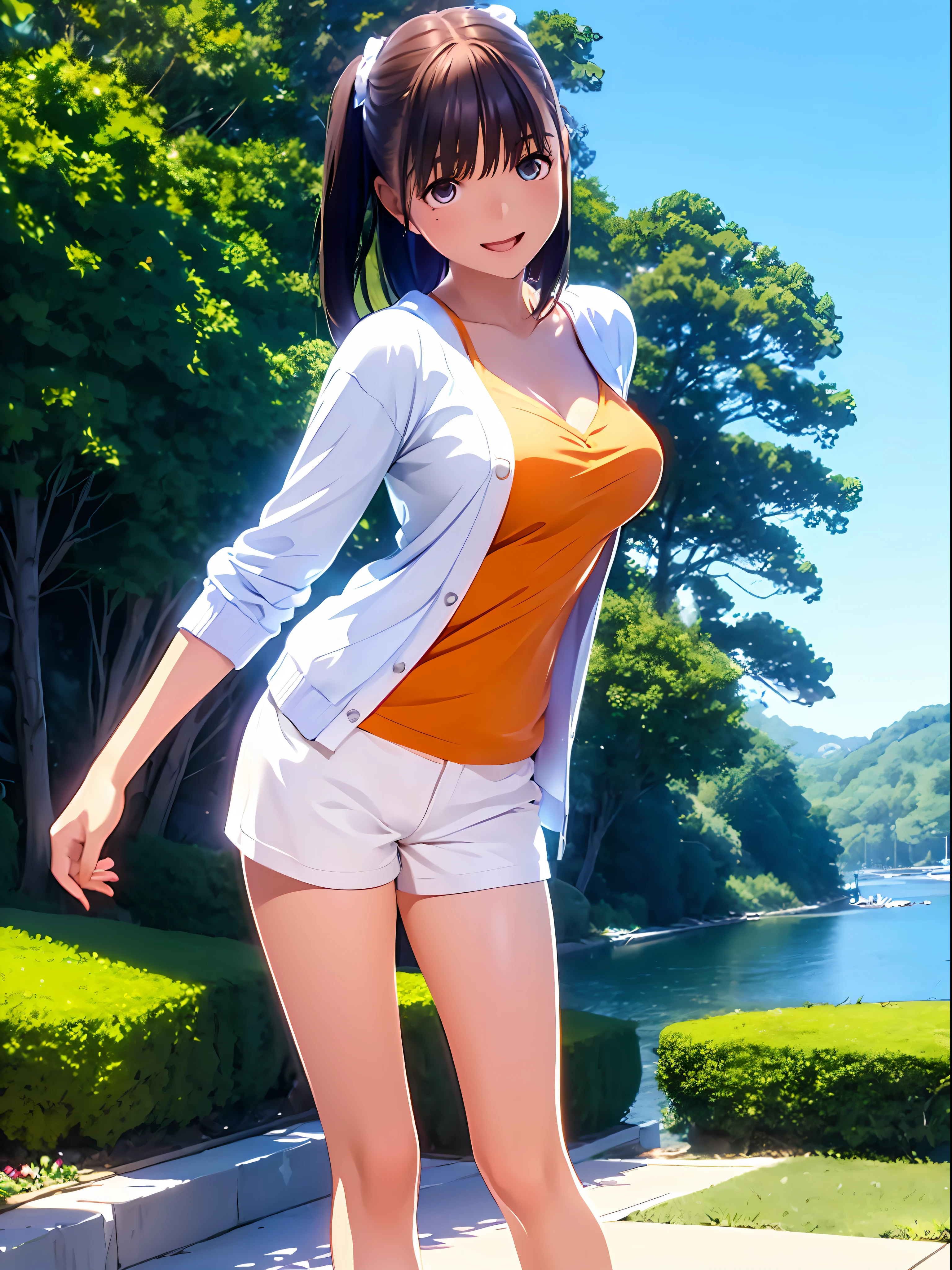 hight resolution,8K,Best Quality,detaileds,semi - realistic anime,Anime 3D Style,Smooth Anime CG,1 girl in,18-year-old woman in Japan,slim,modeled,shiny chestnut hair,Medium Hair,Detailed face,Beautiful and detailed eyes,glistning skin,((Orange Camisole)),((White cardigan)),((Blue shorts)),Smile with open mouth,randome pose,Summer Park,Clear blue sky,Background blur,The wind is blowing,