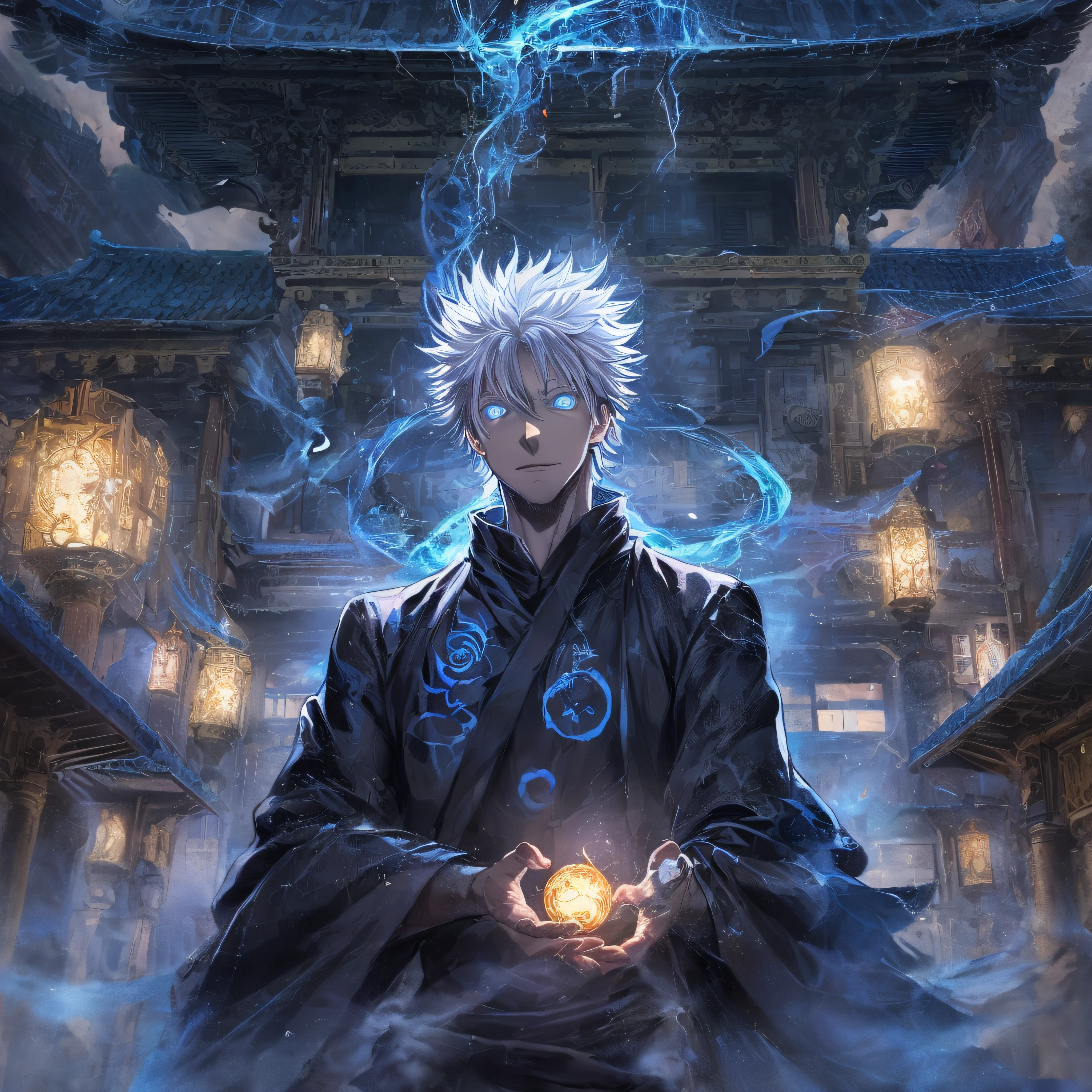 (masterpiece, illustration, anime:1.3), 1 person, Satoru Gojo from Jujutsu Kaisen, (classic black attire:1.2), standing inside a temple at night, (messy white hair:1.1), (blue eyes emitting blue light:1.2), (calm expression:1.1), (uncovered eyes:1.1), (powerful presence:1.2), (mystical atmosphere:1.2), (subtle moonlight:1.1), (intricate temple architecture:1.2), (ominous shadows:1.1), (flowing robes:1.1), (detailed folds and creases:1.1), (intense blue aura:1.2), (symbols of power surrounding him:1.1), (magical energy radiating:1.2), (spellcasting gestures:1.1), (mysterious artifacts:1.1), (ethereal particles:1.1), (dynamic pose:1.2), (epic soundtrack:1.2), (sense of awe:1.1), (magical prowess:1.1), over power, power up, sphere, extreme, focused.