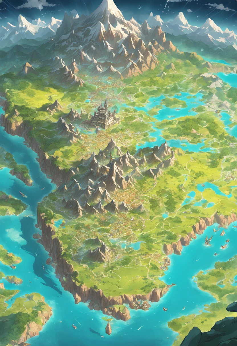 Five continents, game map, Hyrule, Ancient Fantasy Regional Map, Highly detailed map,Detailed Map, Height Map，world map、Isekai Map、Map of the Kingdom、Otherworldly Adventure、mountains and rivers、K HD、meticulous、Ground View、Spread up