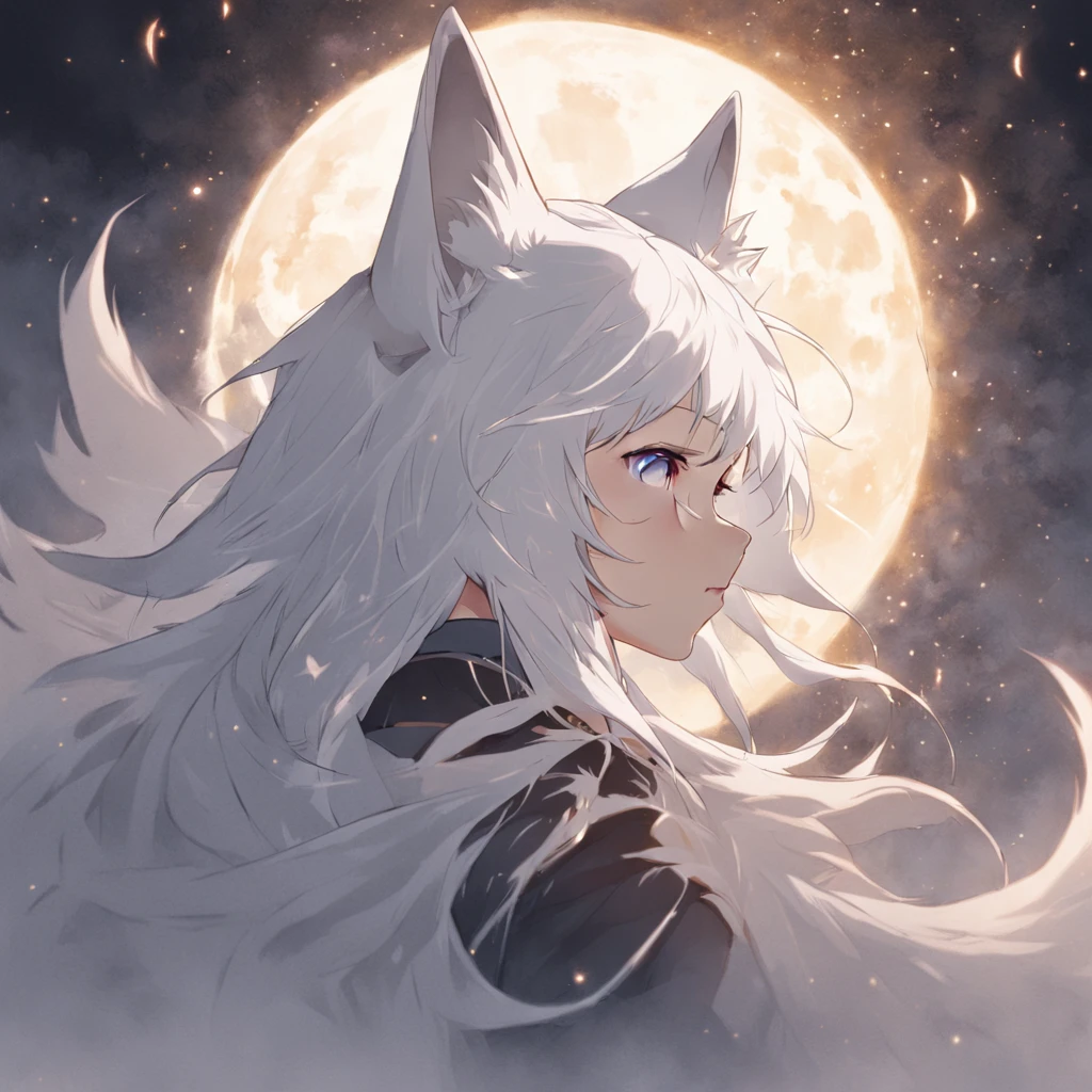 Anime character with white hair and white wolf before the full moon, fantasy fox love, White-haired fox, white fox anime, Anime fantasy illustration, White fox, art of silverfox,Best quality, Masterpiece, 超高分辨率, (photograph realistic:1.4), ultra-realistic realism, Dream-like,fusionart, Shadowdancer, shadow magic, darkness control, stealth, shadowstep, umbral spells,