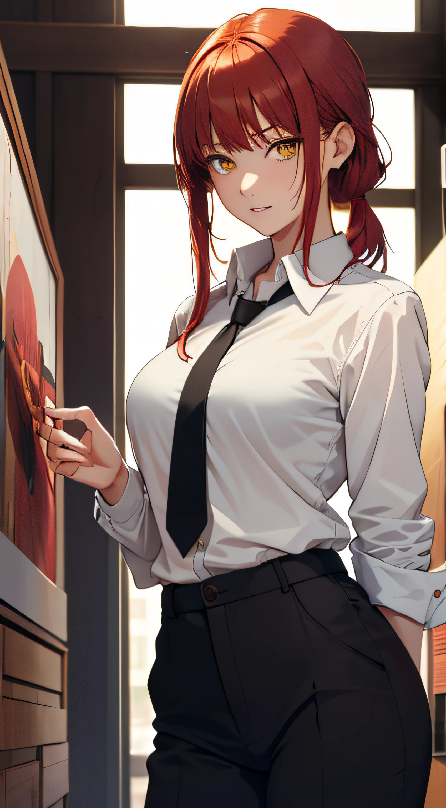 (masterpiece, best quality:1.2), solo, 1girl, red hair, yellow eyes, makima,, unbuttoned shirt with tie, on the chest, a lot of, black unbuttoned pants, wide hips, no panties, wet, hot.