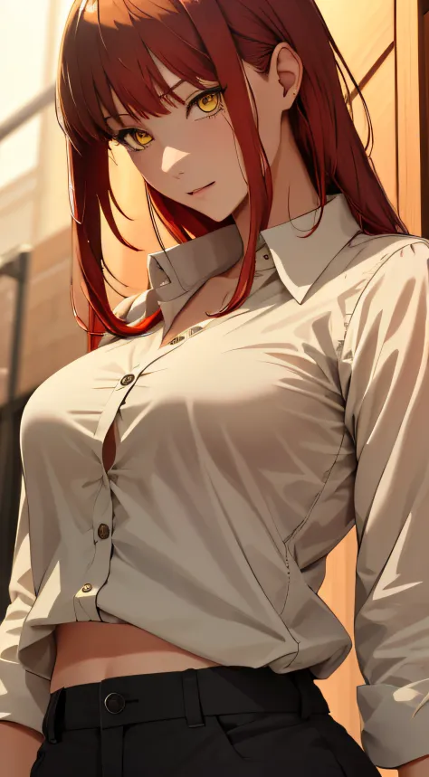 (masterpiece, best quality:1.2), solo, 1girl, red hair, yellow eyes, makima,, unbuttoned shirt with collar, on the chest, a lot ...