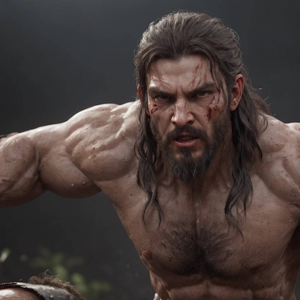 (Professional 3D Rendering:1.3) in the (Realistic:1.3) The most beautiful artwork photos in the world，Features soft and shiny male heroes, ((Epic Hero Fantasy Muscle ManRough Wet Hero Angry Long Hair Short Beard and Ferocious Expression in Dynamic Pose, fantastic location, majestic cluttered environment)), Full body 8K unity rendering, action SHOT, skin pore, Very dark lighting, Heavy shading, Detailed, Detailed face, (Vibrant, photos realistic, Realistic, Dramatic, Dark, Sharp Focus, 8K), (Old leather garments damaged by weathering:1.4), ((((Wear fur)))), (Convoluted:1.4), Decadent, (Highly detailed:1.4), Digital Painting, rendering by octane, art  stations, concept-art, Smooth, Sharp Focus, Illustration, Art Germ, (Roisch:0.23), Vlop Ilya Kuvshinov, Gregg Rutkowski and Alphonse Mucha Gracias, (Global Illumination, studio lights, volumettic light), Heavy rain, particles floating, lotr, Fantasy, elf, full body Esbian, ((Dark ancient city background:1.3)),CG Sessa,art  stations