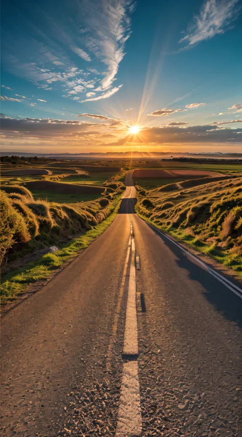 Image of a long and winding road，Bright light leading to the horizon,bright morning，suns rays