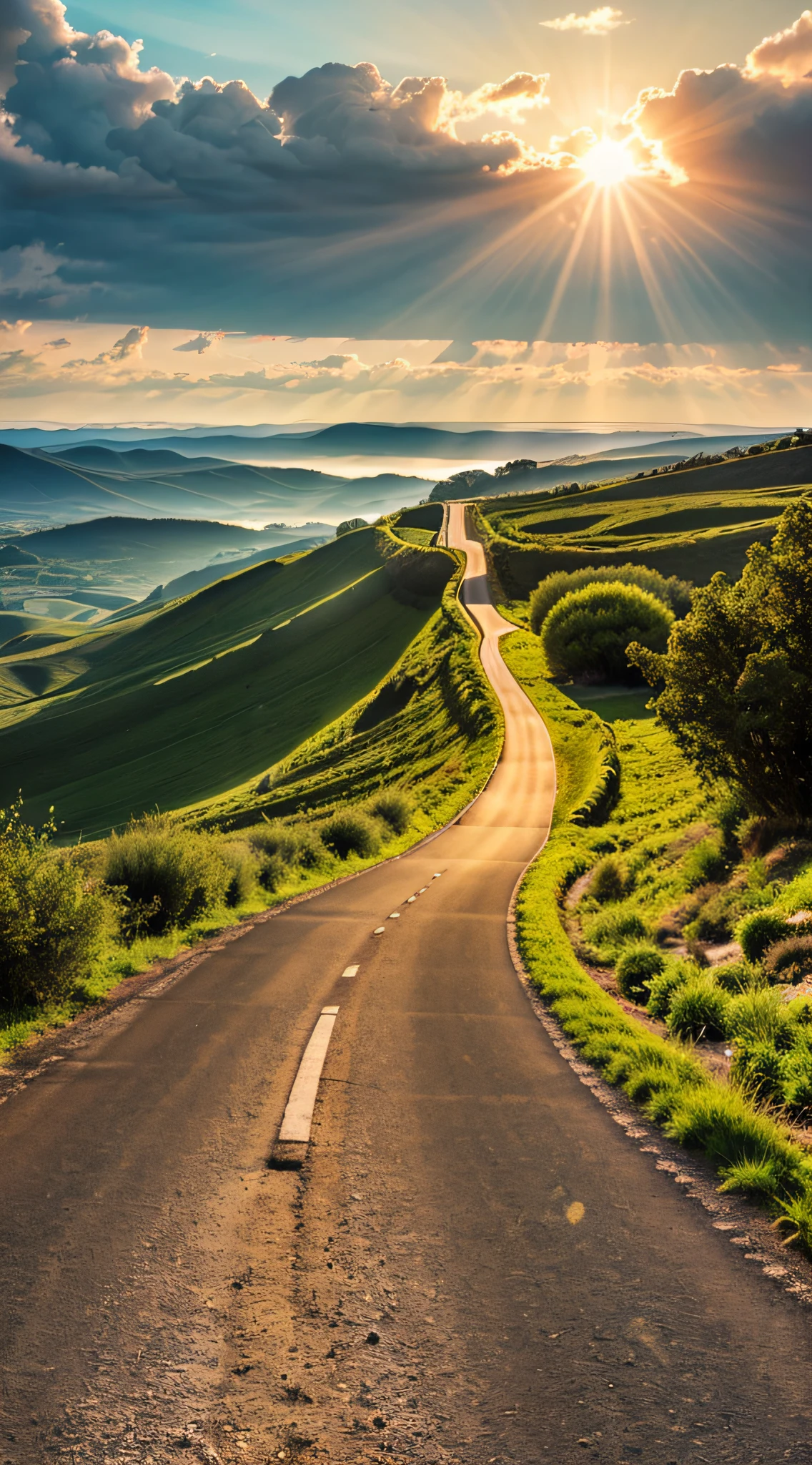 Imagem de uma estrada longa e sinuosa，luz brilhante levando ao horizonte,manhã brilhante，raios do sol，bela Vista