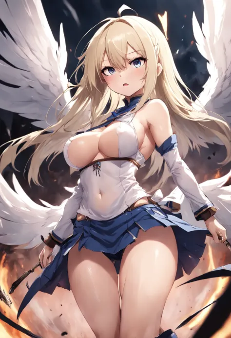 japanese anime style。illustratio。Dark Fantasy。White feathers。girl with。a blond。undergarment。natta。battle field。Colossal tits。pubick hair。a miniskirt。A little angry。all-fours。