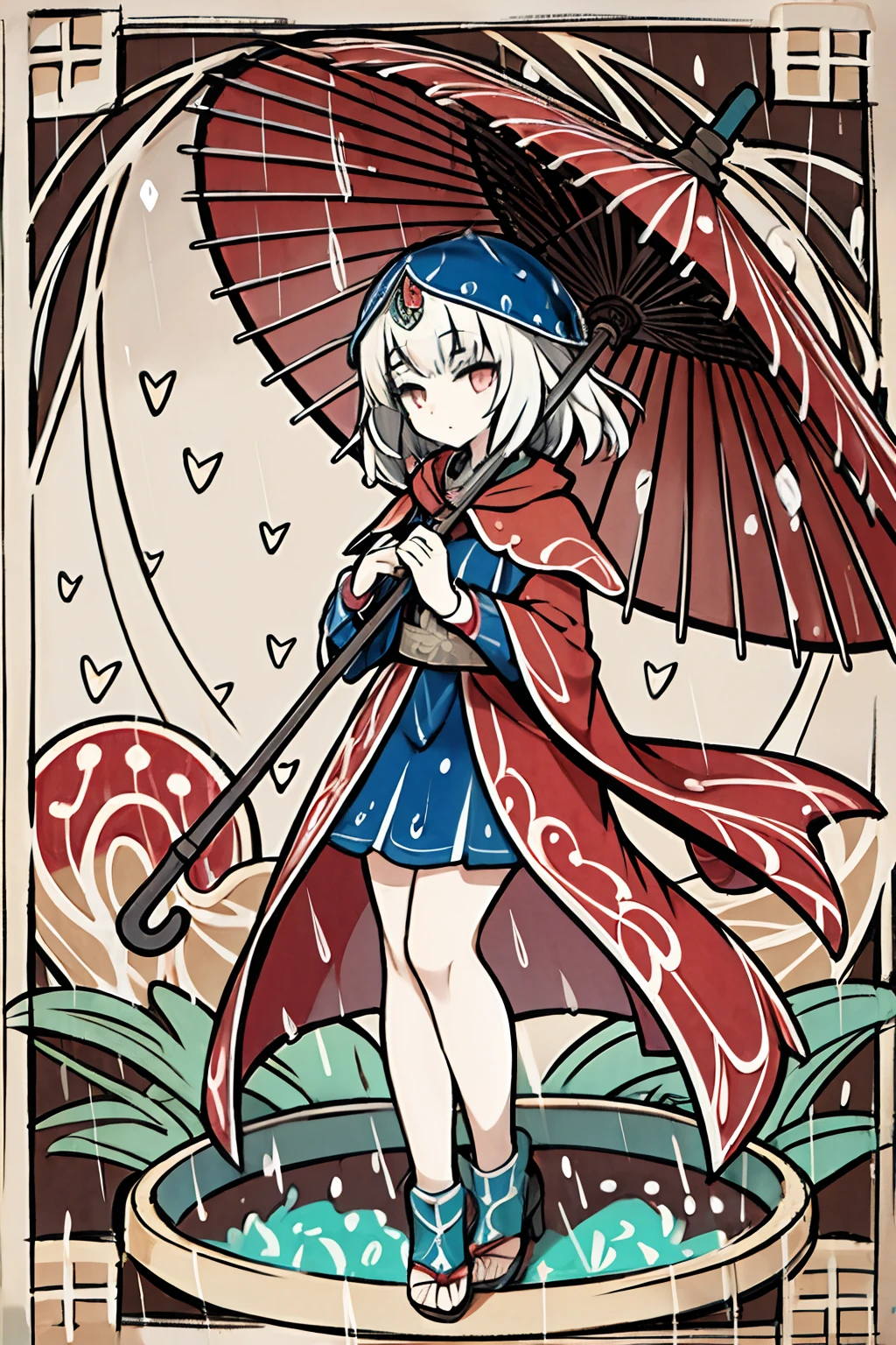 girl with umbrella, rain, y bestiary_style, masterpiece, best quality, solo, high detailed face, full body