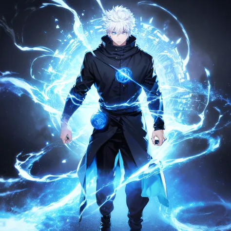 (masterpiece, illustration, anime:1.3), 1 person, Satoru Gojo from Jujutsu Kaisen, (classic black attire:1.2), standing inside a temple at night, (messy white hair:1.1), (blue eyes emitting blue light:1.2), (calm expression:1.1), (uncovered eyes:1.1), (pow...
