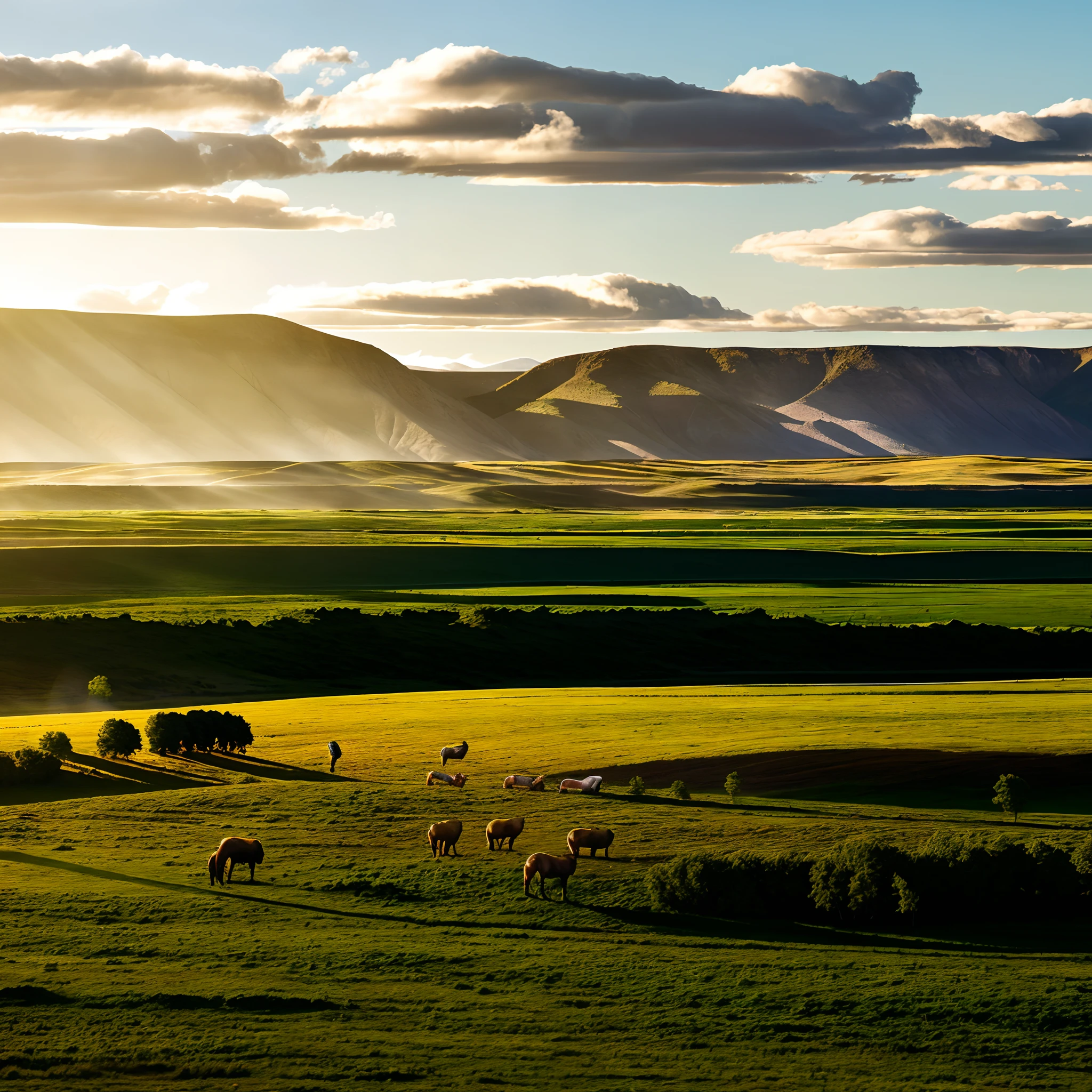 Araf in the field，The bright sun shone on them,green grasslands, open plains, Midday sun, Rolling hills, , grass field, vast expansive landscape, Mongolia, wind river valley, Vast landscape, dramatic warm morning light, far away landscape shot, Landscape photo, rolling foothills