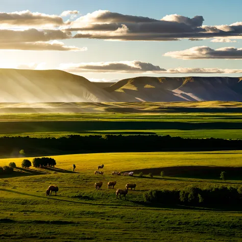 Araf in the field，The bright sun shone on them,green grasslands, open plains, Midday sun, Rolling hills, , grass field, vast exp...