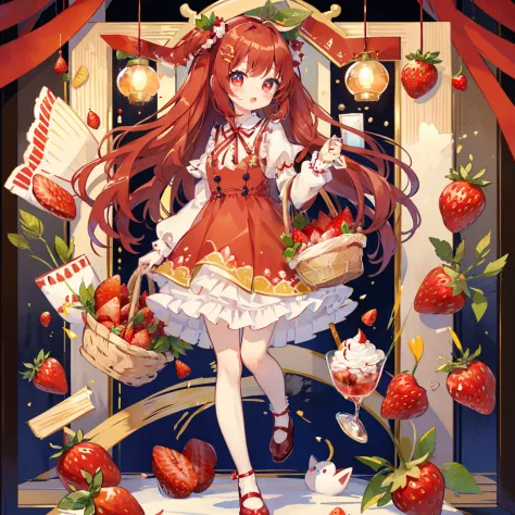 Standing Picture、full bodyesbian、cute little、​masterpiece、top-quality、Top image quality、Ichigo、Strawberry hair ornament、Basket w...