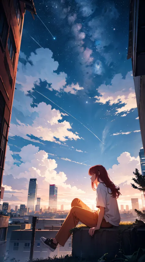 octans, sky, star (sky), scenery, starry sky, night, 1girl, night sky, solo, outdoors, building, cloud, milky way, sitting, tree...