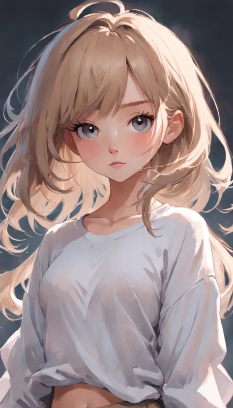Create a detailed digital portrait of a girl in a teddy bear shirt and a white shirt, seguindo o estilo de Guweiz. Incorporate this artist's distinctive technique of loose brushstrokes and muted colors. Focus on creating a balance between the realistic loo...