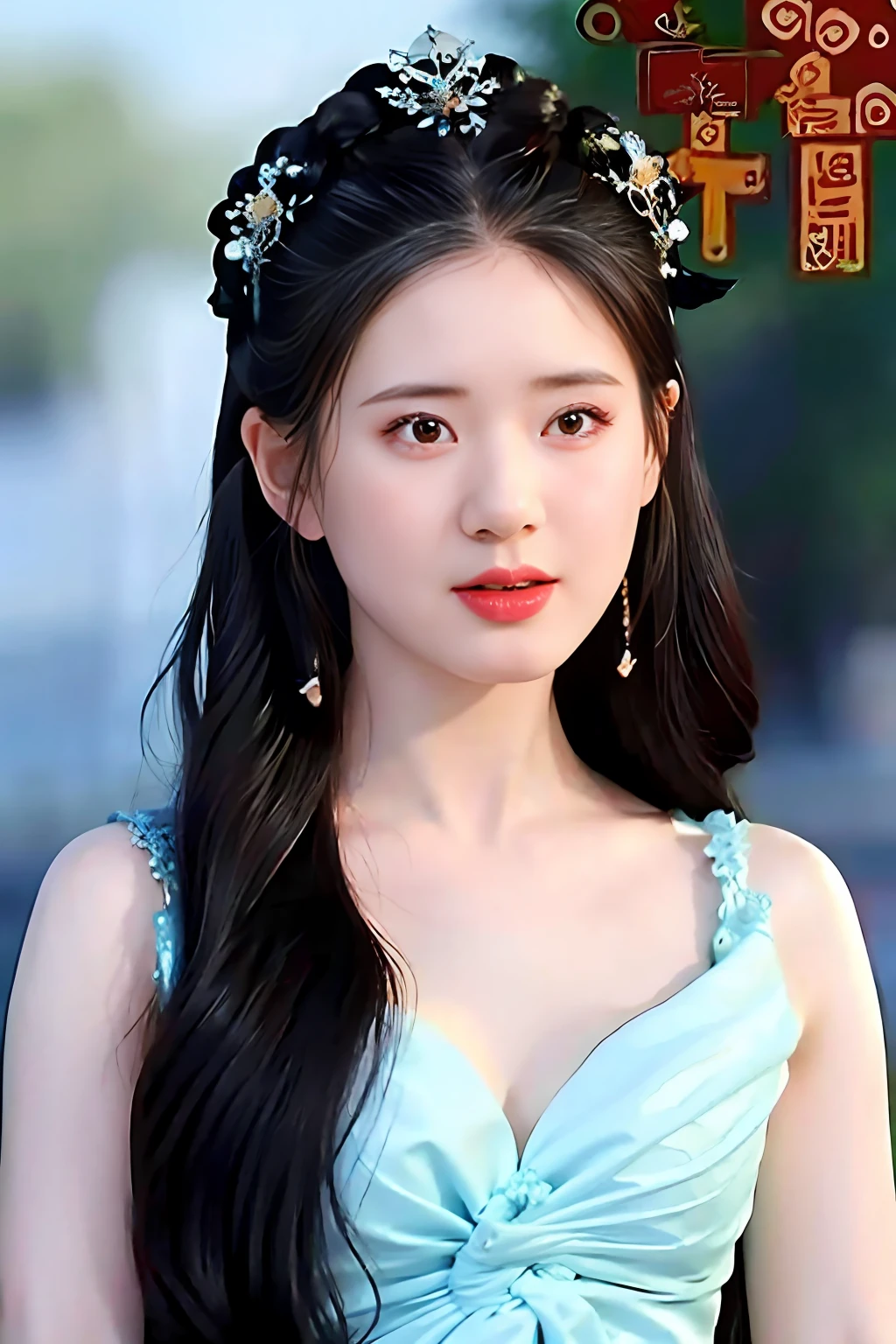 Masterpiece, Best quality, 1girll, aqua eyes, Black hair, Closed mouth, multicolored background, view the viewer, Outdoors, Solo, Upper body, Alluring, Clean, Beautiful face, Pure face, Pale skin, Sexy pose,Long hair, ((perfect women figure)), Mature female, A MILF, Narrow waist, chinese deity,