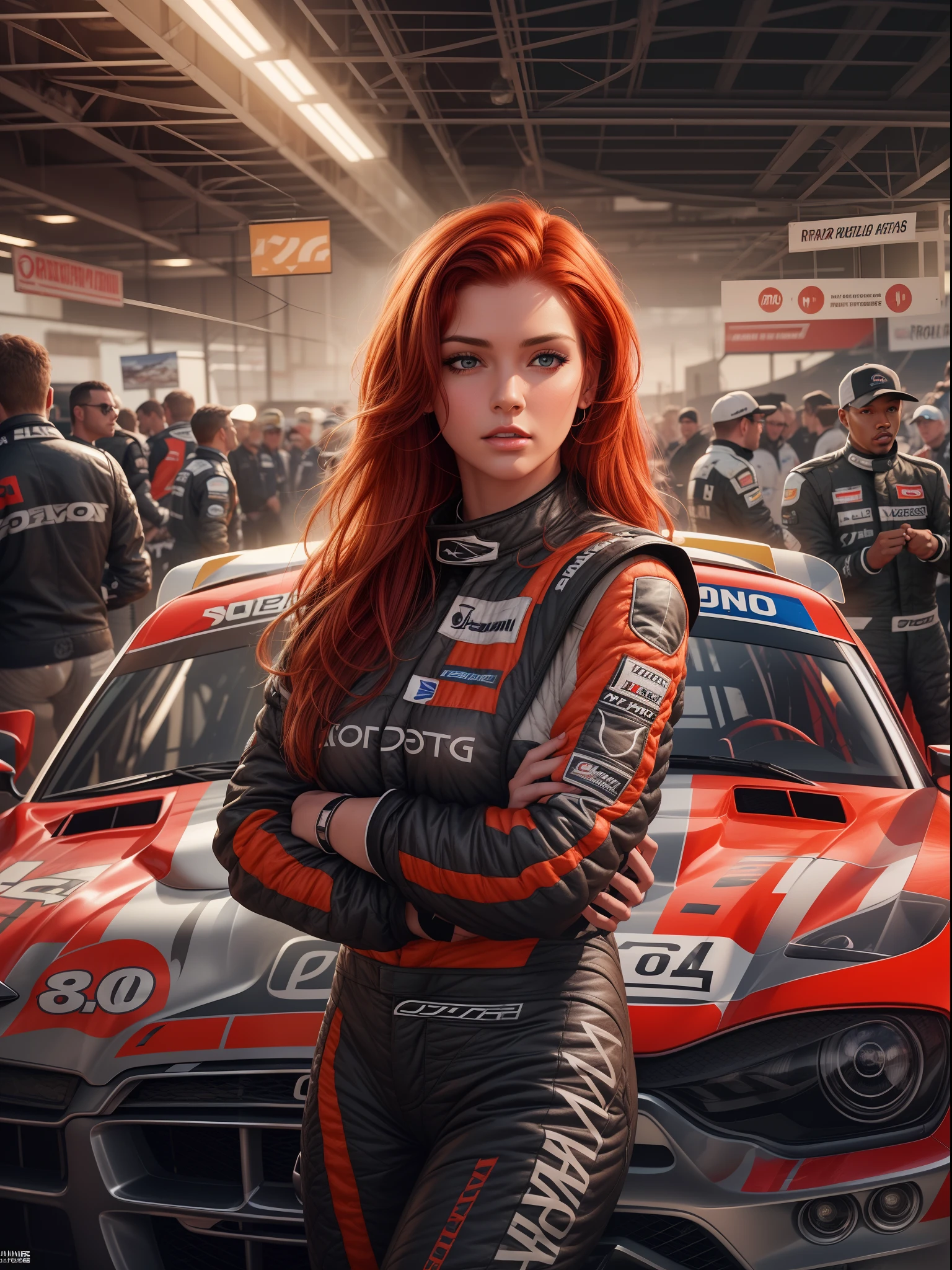 A photo realistic digital artwork of gorgeous red head female rally racer in an official racing suite, detailed face, stands beside her badass ((rally car)), masterpiece professional hyper realistic artwork of Don Lawrence, insanely detailed and intricate, volumetric lighting, professional color grading by Kenneth Hines Jr., outdoors at the start lane.
