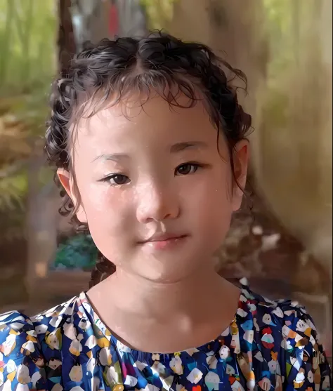 A 6-year-old girl walks in the forest in the early morning、Wearing a white dress、Curly hair、Snow-capped mountains and waterfalls...