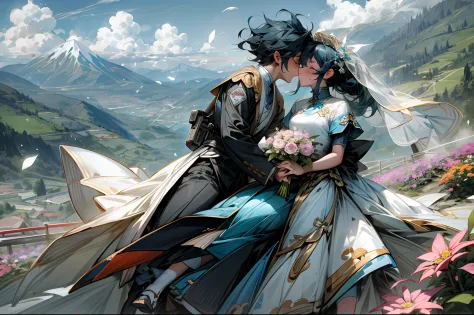 romantic couple，Bride sitting on a bicycle，Pedal on the back of the bike，Kissing in the wind，Race down the mountain path，Flowers are flying all over the sky，baiyun，Blue sky，Far Mountain