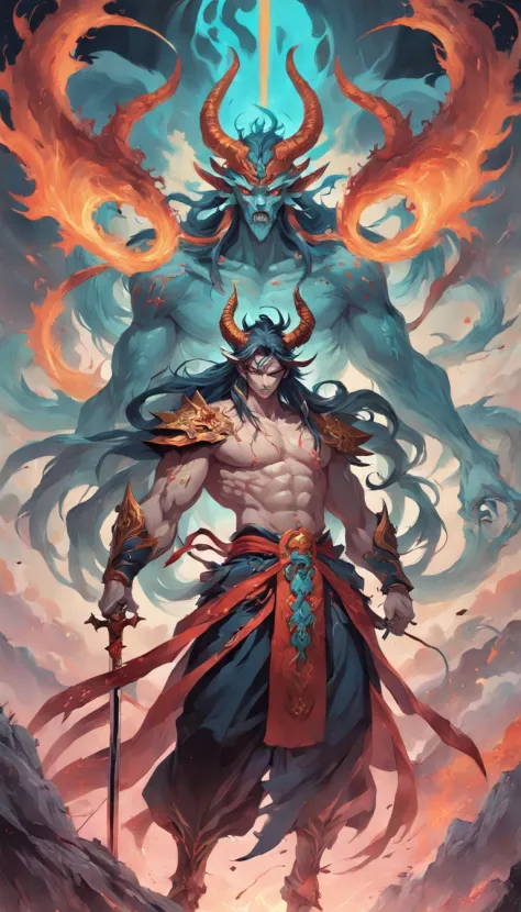A painting of a man with a sword and a demon, beautiful male god of death, mohrbacher, inspired by Shunkōsai Hokushū, in the art style of mohrbacher, asura from chinese myth, the god of chaos, inspired by Ryūkōsai Jokei, in style of peter mohrbacher