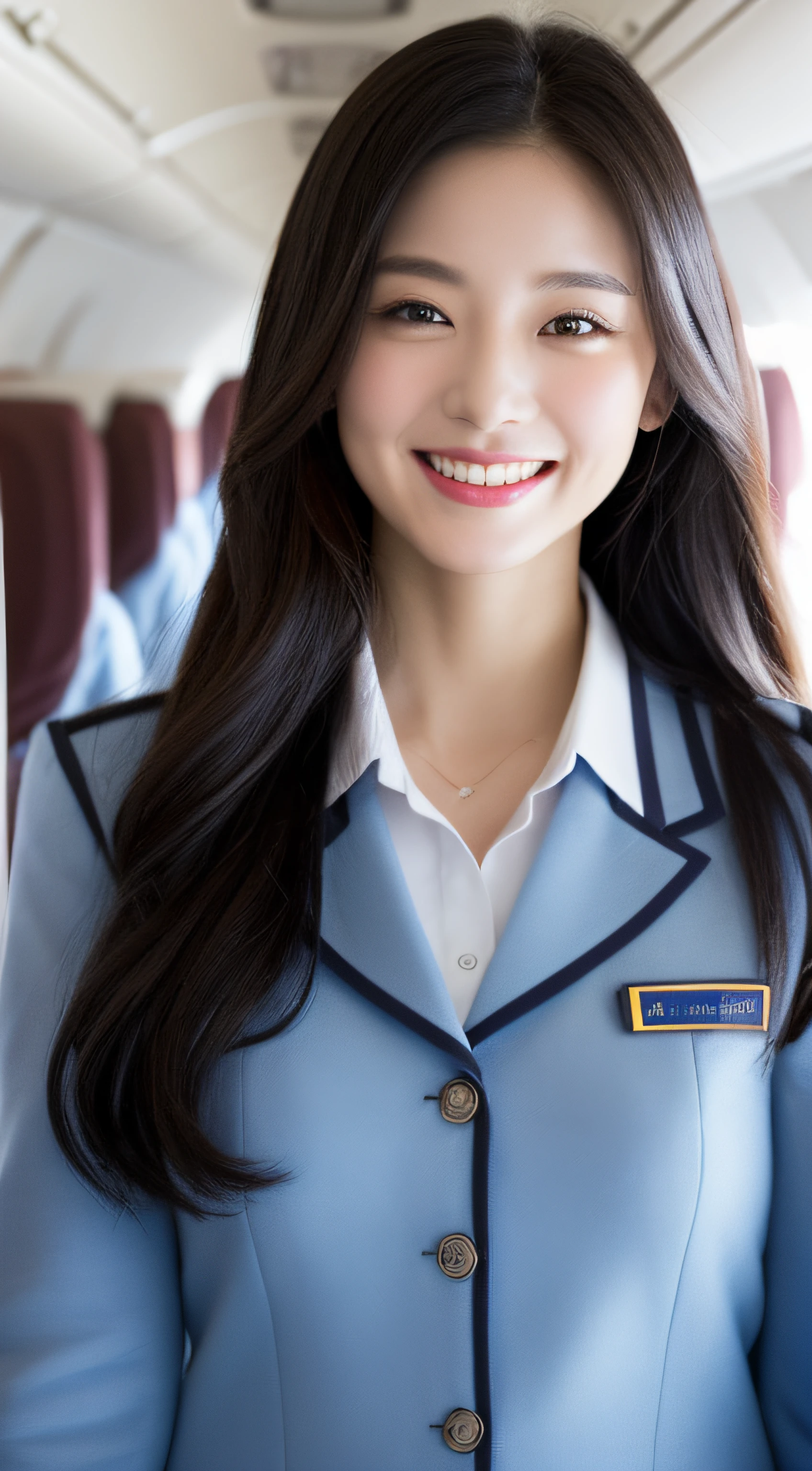 top-quality, ​masterpiece, 8K, 超A high resolution, (Photorealsitic:1.4), 1girl in、beautiful countenance、symmetrical eye、Colossal tits、Perfect body proportion、Stewardess uniform、Look at viewers、(Inside the plane:1.2)、front-facing view、Shoulder、Absolute area(1.3)、Cheerful smile