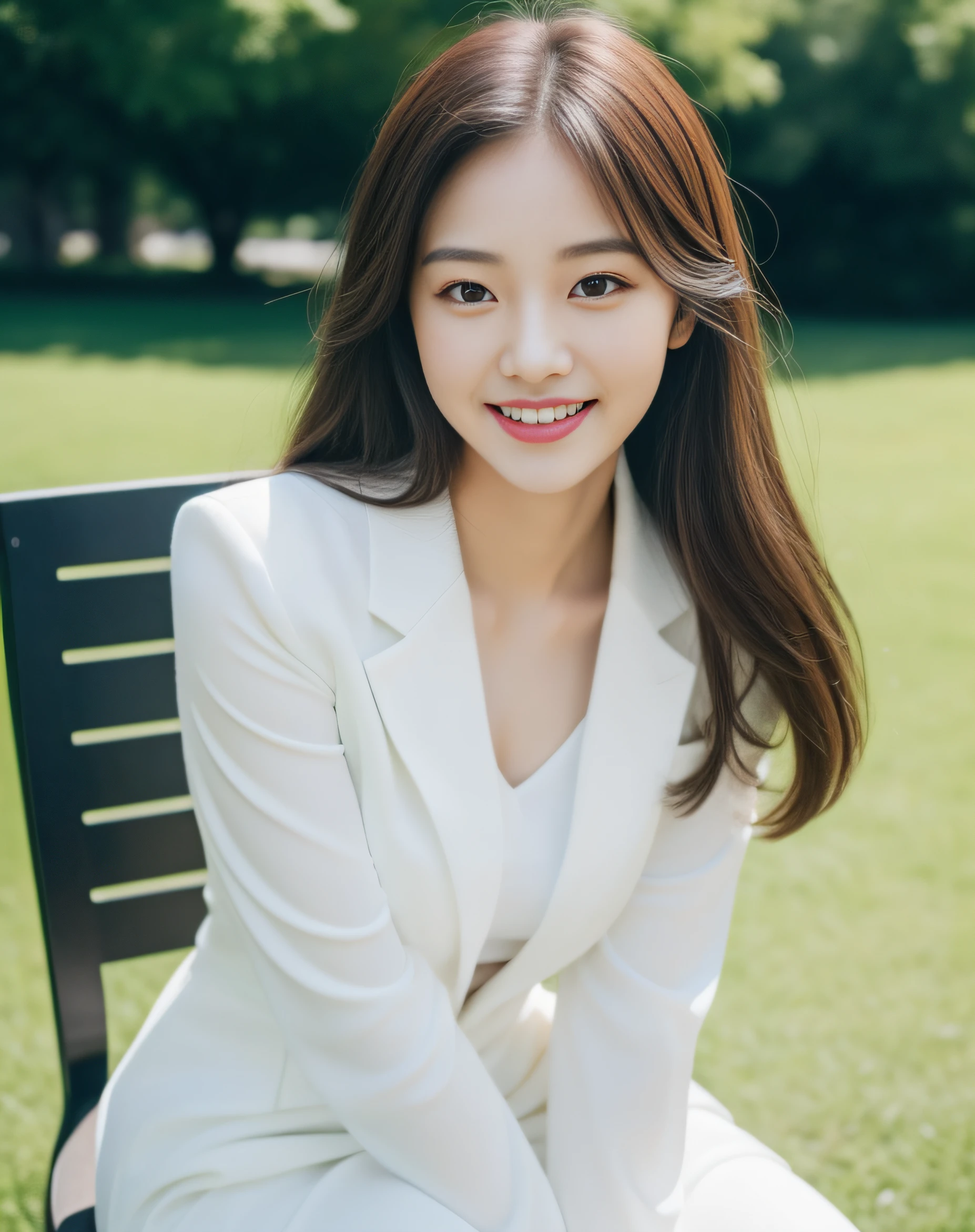 ((best quality, 8K, masterpiece: 1.3)), beautiful girl, pure, melon face, kind and cute, sweet smile, pure desire, slender body, (front), (tilted head), ((looking at camera) ), wearing a white suit, black silky long hair, long flowing shoulders, round black big eyes, clear big eyes, moist red lips, sweet, sitting on a chair, park background , (((whole body))),