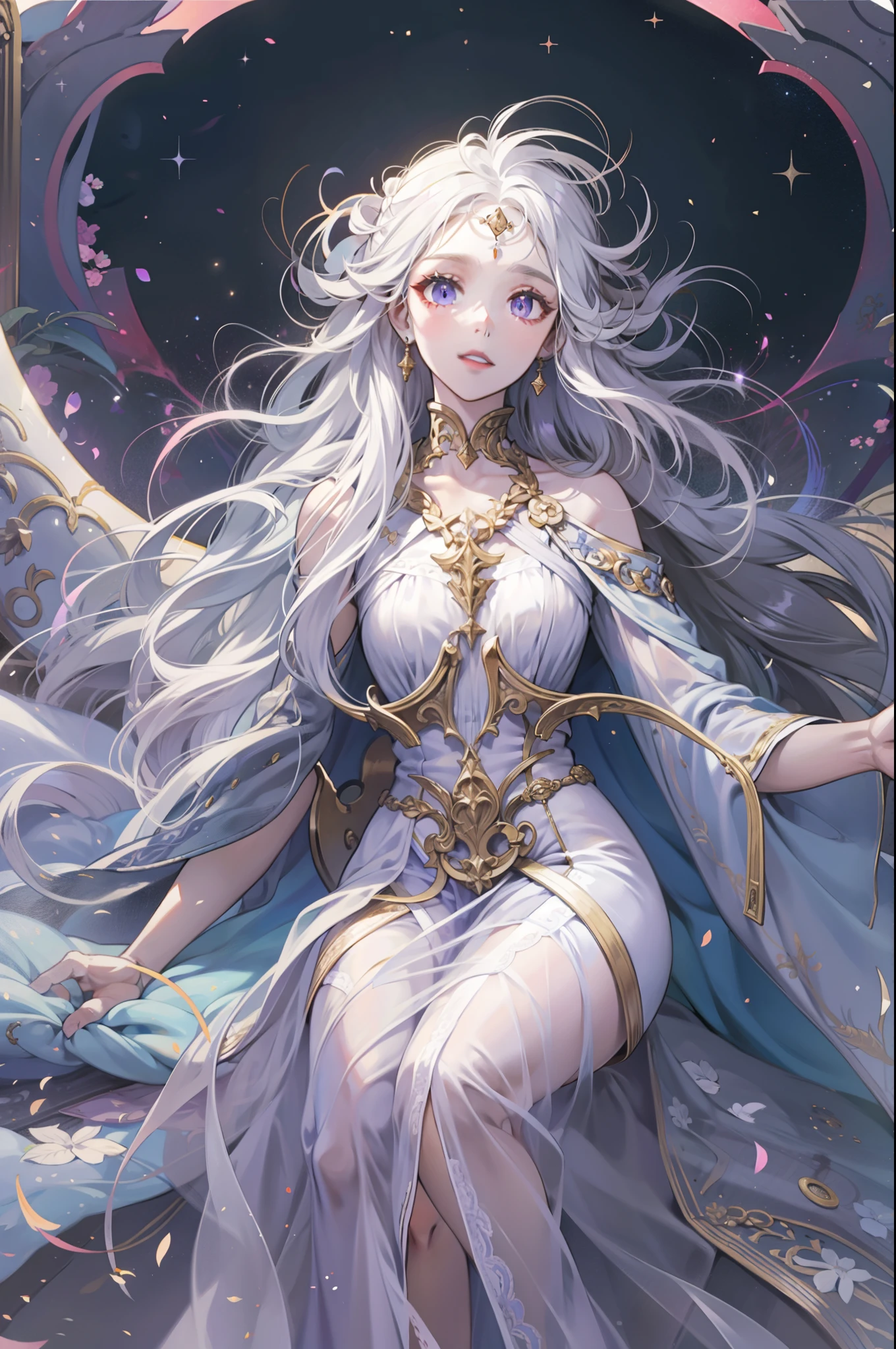 A goddess flying down from the sky，Long silver-white hair，Purple eye，Light，The clothes of the goddess