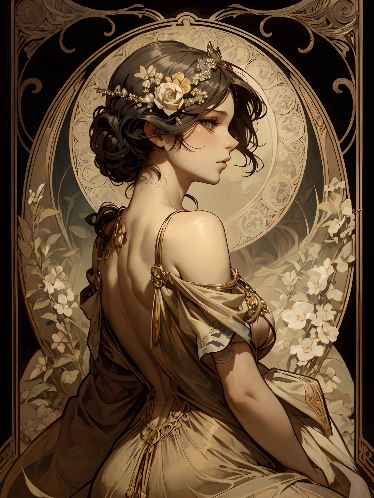 Alphonse Mucha,orcle,
(solo:1.2),beautiful back woman,(black hair:1.3),bare shoulder,longeyelashes,
Chubby,butterfly,Backless dress,sitting,
(back view:1.3),perfecteyes,