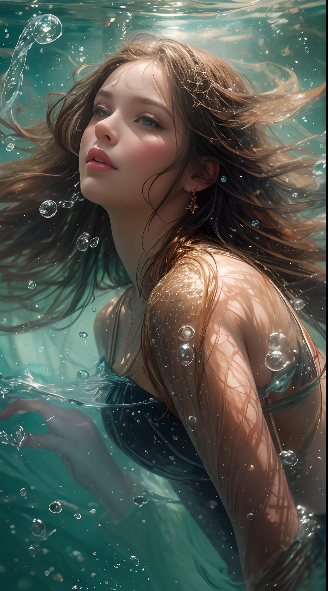 Portrait complet du corps ,Une sirène nageant sous l&#39;eau. Illustration numérique, Beaux longs cheveux blonds et visage angélique, 16k, Rendu de très haute qualité,réalisme fantastique, bokeh,  Ultra détaillé, contexte détaillé