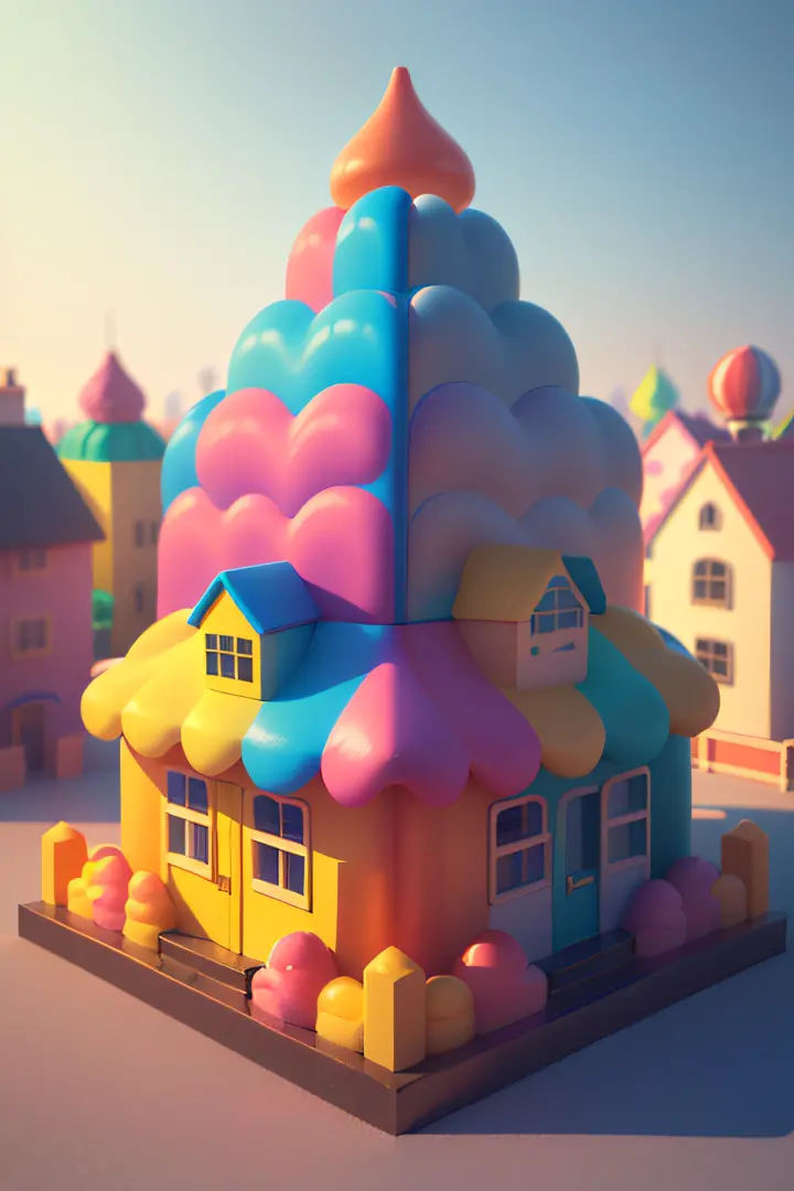Isometric house.
(45-degree view from top to bottom)
Candy   House，manycoloredballoons，cute building，
huge candy-like signboard，An amusement park，Blank background，Clear structure，The right light and shadow，3D shaded head
cartoon
