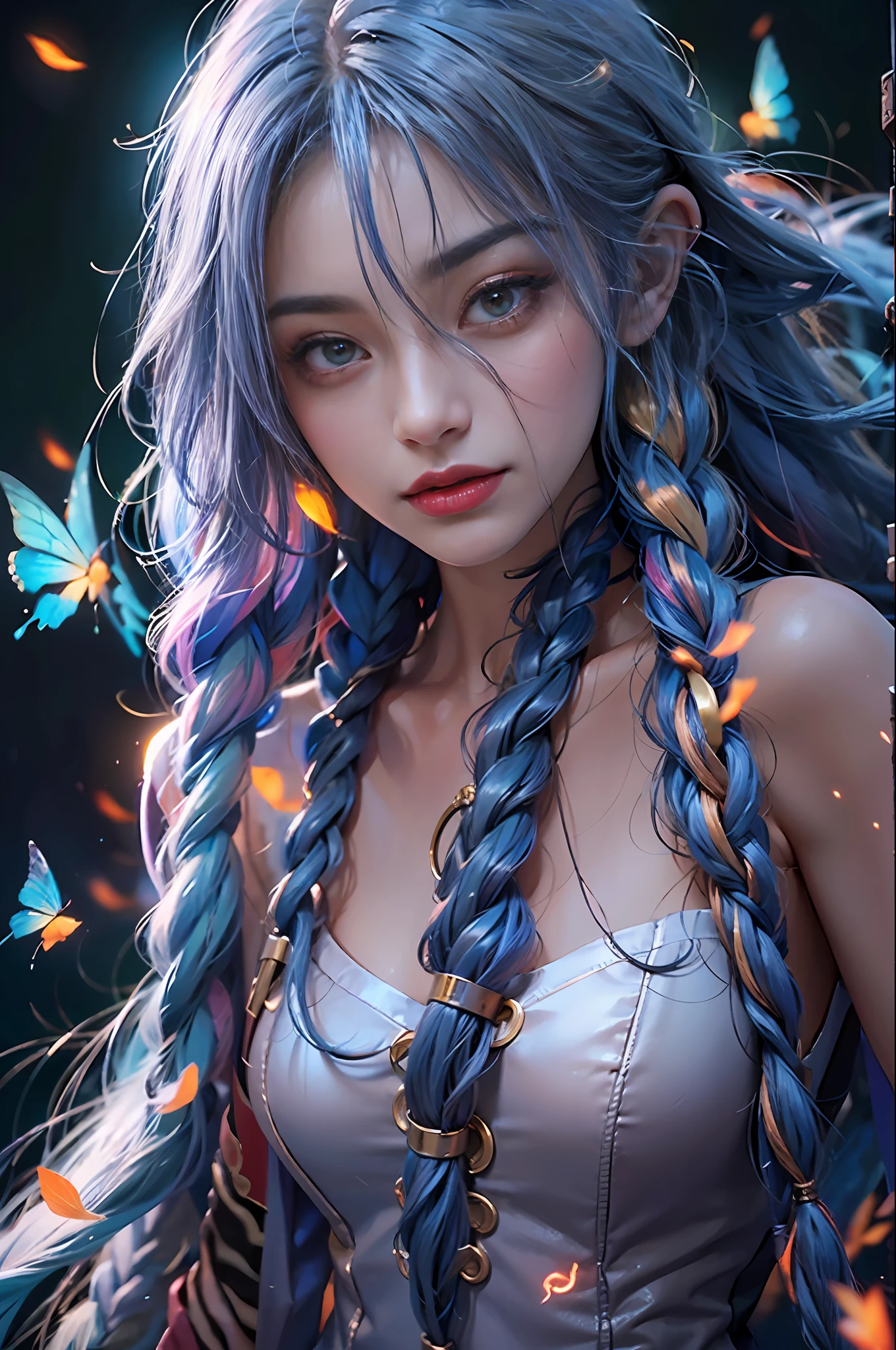 solo, (очень Dетализированные обои CG unity 8k), (beste-Qualit), (best illustrations), (best shadows), (Night gloomy background, Gloomy and hopeless, Dark dramatic lighting, Vignette), Realistic eyes, beatiful face, 1A girl with a perfect body, with blue braids, Long braids, ((Jinx)). generous cleavage, ((She wears a business suit:1.5)), She keeps her hands in her pockets, ((perfect anatomy)), Gothic, Burnt orange gradient, surrounded by tender leaves and branches, with fireflies and glowing particle effects, (Natural elements), (leaves), (Twigs), (Fireflies), Butterflies, (Tender leaves), (Glow), (particle fx). , Fantasy art, bokeh, Octane rendering, ray traced, overdetalization.