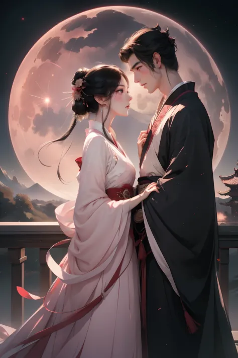 （1 man and 1 woman looking at each other on the arch bridge），Hanfu，Chinese Valentine's Day poster design pattern, Light tones, Red and purple, dreamy scenes, warm color,Huge Moon, Fireworks, Starry sky, Triangular composition, rich details​, Faraway view,C...