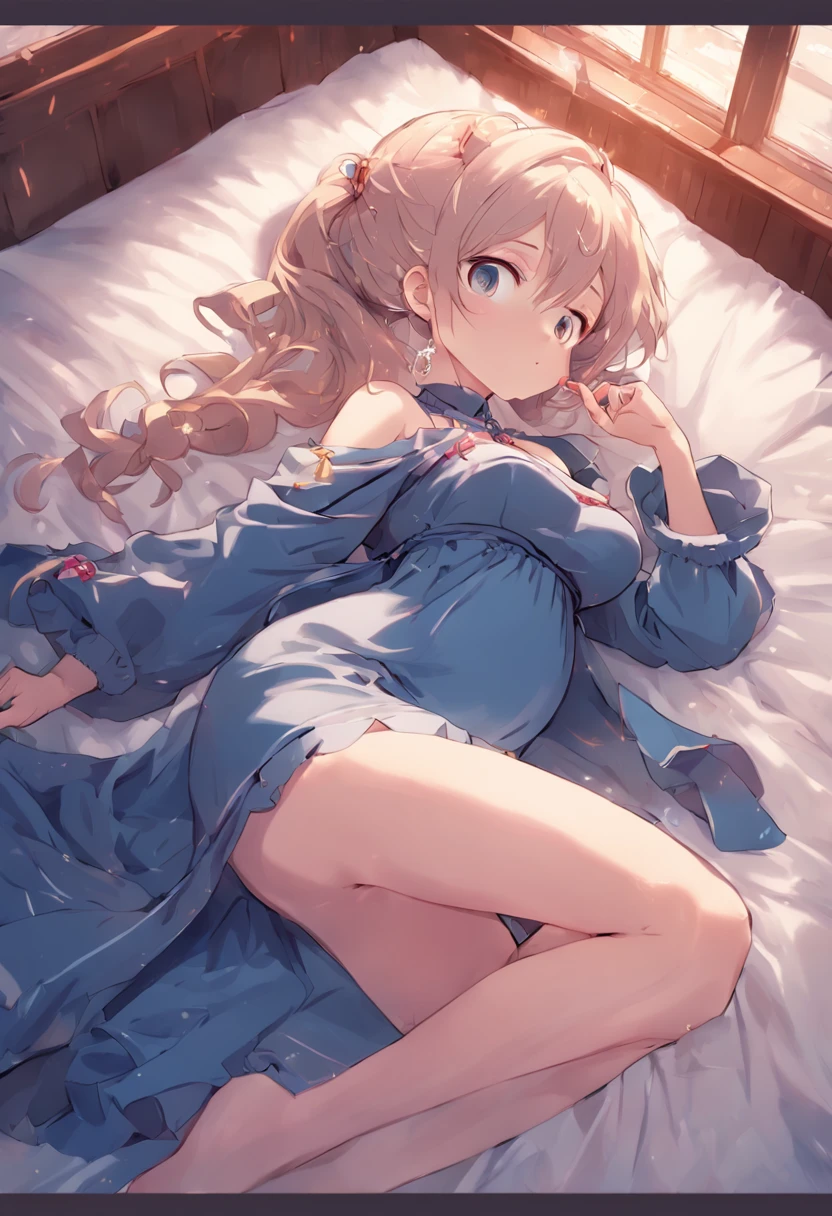 Anime girl laying on bed with long hair in blue dress - SeaArt AI