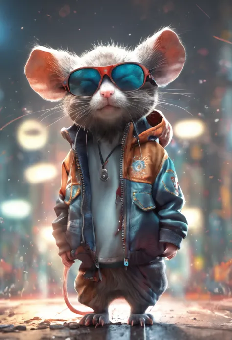 Perfect centering, Cute mouse, Wear a student team jacket, Wearing sunglasses, Wearing headphones, cheerfulness, Standing position, Abstract beauty, Centered, Looking at the camera, Facing the camera, nearing perfection, Dynamic, Highly detailed, smooth, S...