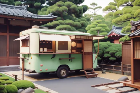 Date: 1975
Location: Tokyo, Japan
Description: A pastel-colored food truck serving traditional Japanese treats is parked near a serene Zen garden, offering a delightful culinary escape.