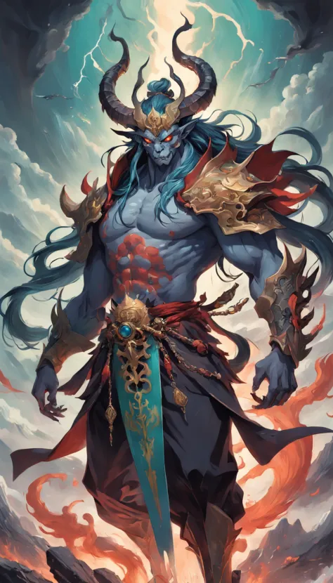 tmasterpiece，best qualtiy，超高分辨率，Detailed details，A picture of a demon with a sword，beautiful male god of death，详细的脸，mohrbacher，inspired by Shunkōsai Hokushū，in the artistic style of mohrbacher，asura from chinese myth、the god of chaos，Inspired by Ryūkōsai J...