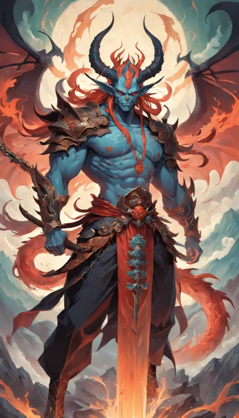 tmasterpiece，best qualtiy，超高分辨率，Detailed details，A picture of a demon with a sword，beautiful male god of death，详细的脸，mohrbacher，inspired by Shunkōsai Hokushū，in the artistic style of mohrbacher，asura from chinese myth、the god of chaos，Inspired by Ryūkōsai J...