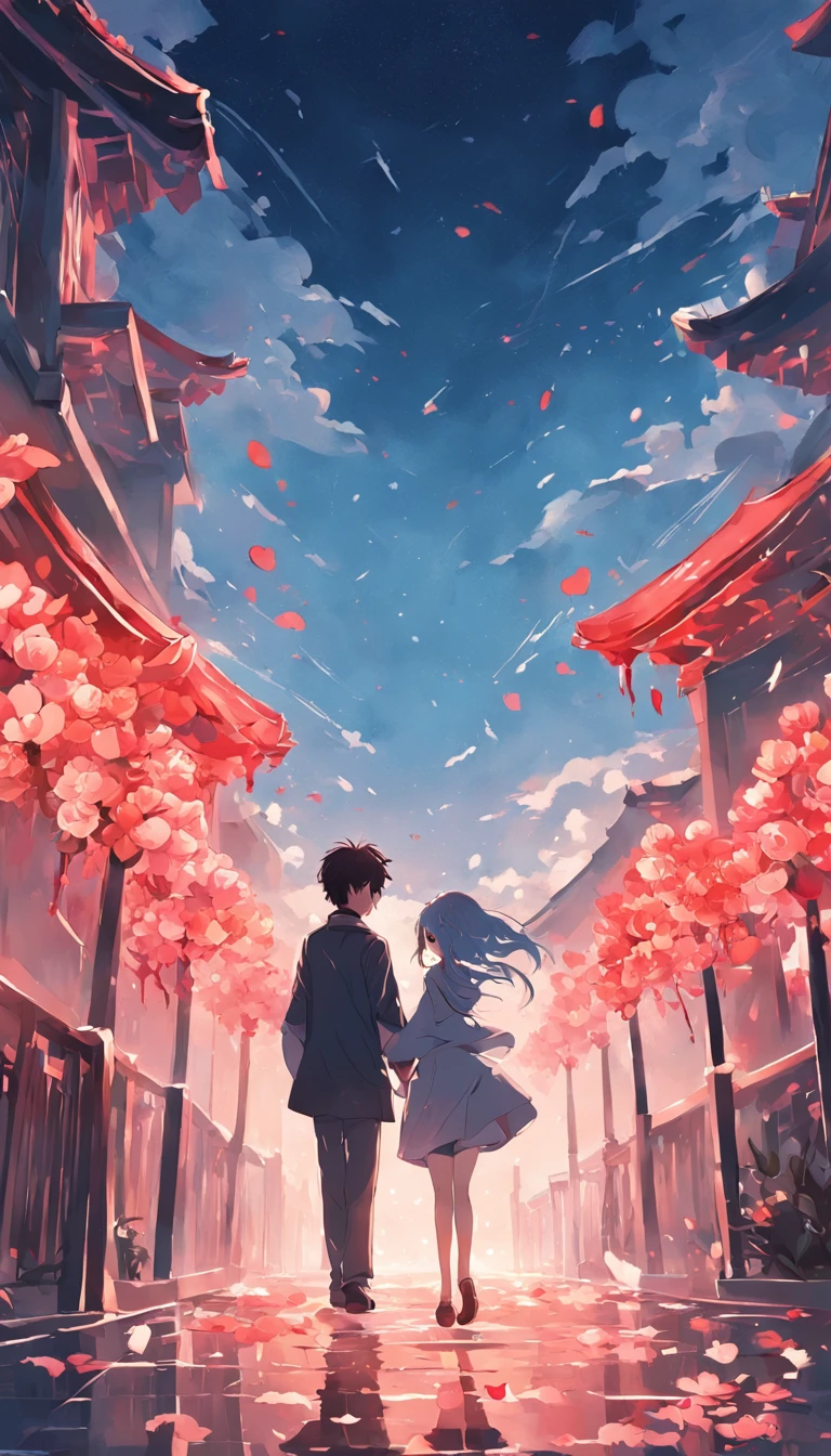 Anime couple walking in the rain under cherry blossom trees - SeaArt AI