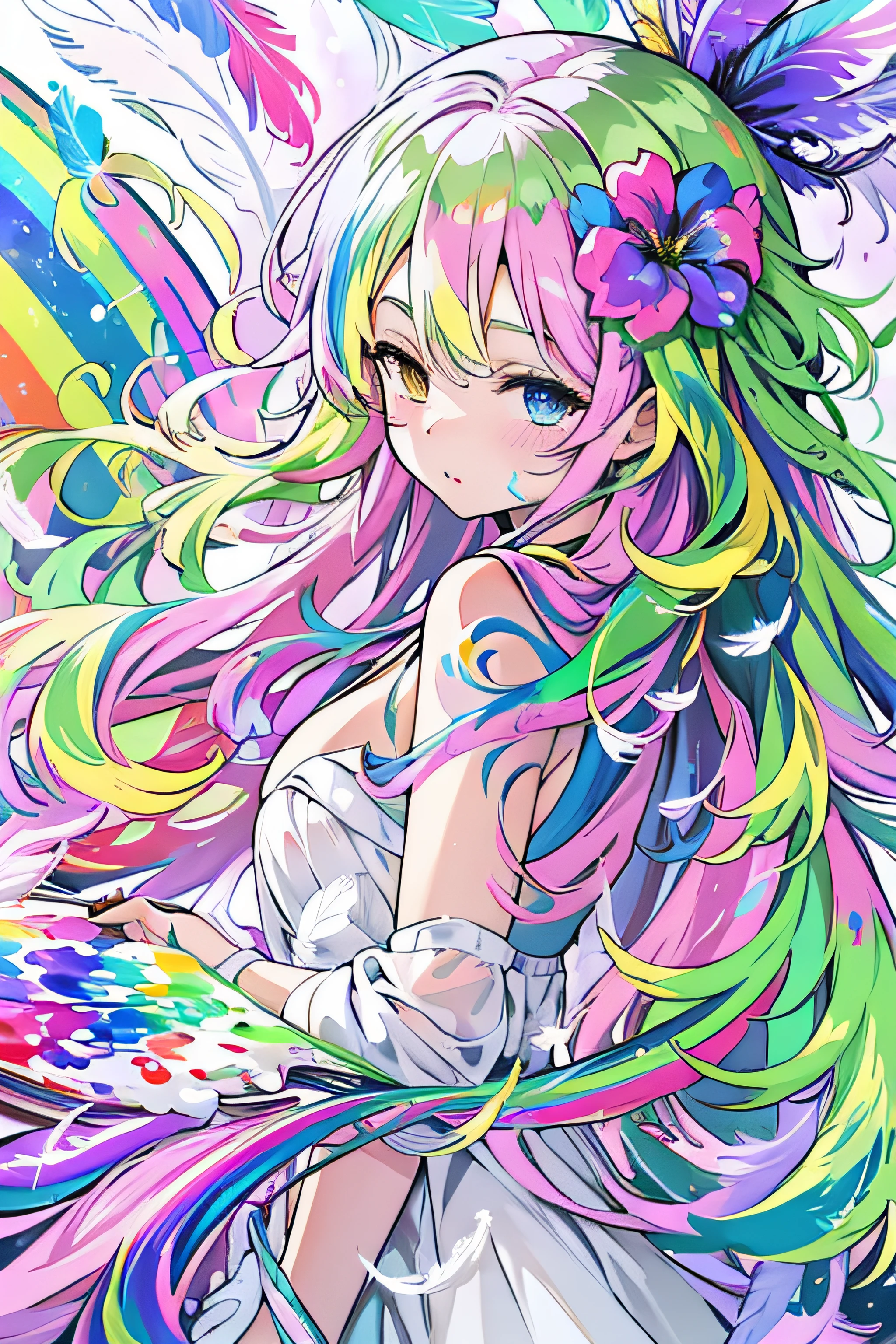 A close up of a anime girl with long hair and colorful hair - SeaArt AI