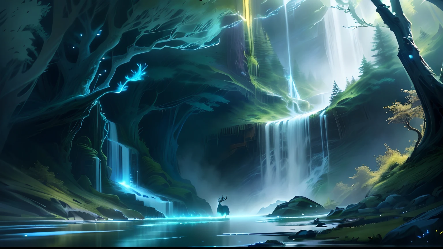 Draw a deer with a waterfall in the forest, fantasy digital painting, magical concept art, concept art magical highlight, dreamlike digital painting, spirit fantasy concept art, environment concept art, Digital fantasy painting, Fantasy Forest, luminescent concept art, fantasy concept painting, mystical forest lagoon, fantasy painterly style, magical forest backround, fantasy forest landscape