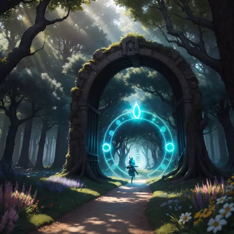 iluminated stargate portal in the mystical Lumina Forest, (visitor:1.3), bright day, She safeguards the forest's magic and educates visitors about the importance of its preservation. spring flowers
