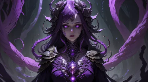 purple and white，A woman surrounded by nightmares， cosmic horror，Diamond-clustered skin all over the body， Dark mood， Dark envir...