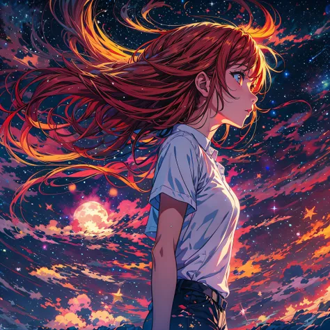 anime wallpapers of a girl looking at a view of the sky and stars ...